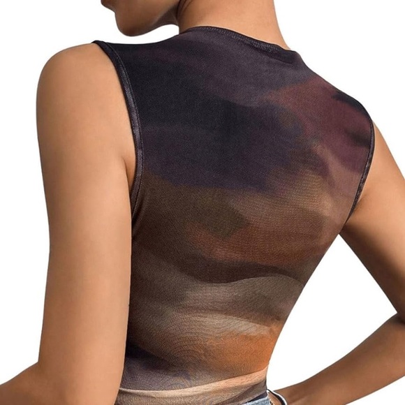 Tie Dye Cowl Neck Sleeveless Ruched Mesh Skinny Bodysuit Tank - Picture 6 of 13